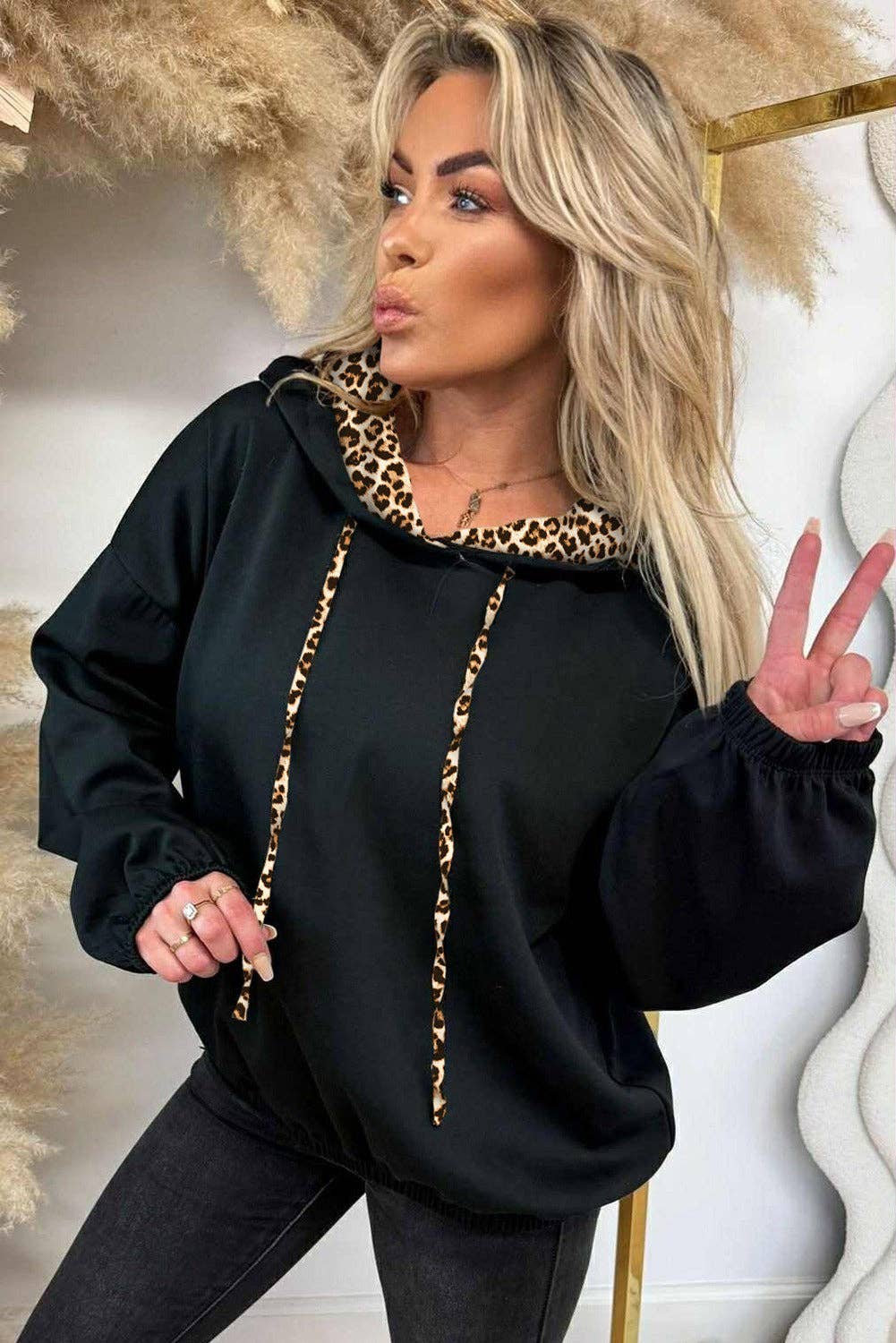 Leopard Contrast Drawstring Hoodie