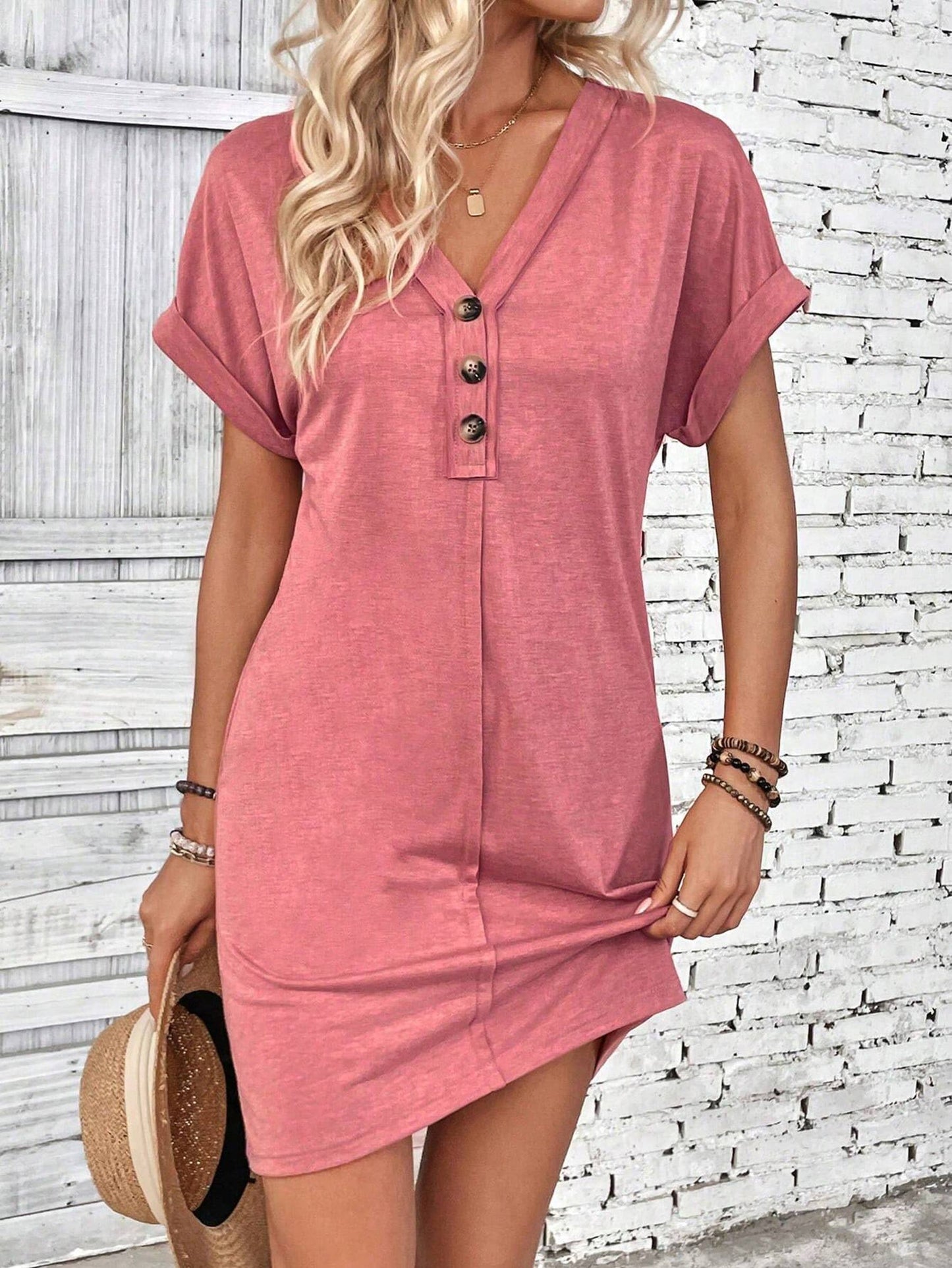 Buckle V-neck Raglan Roll Sleeves Dress