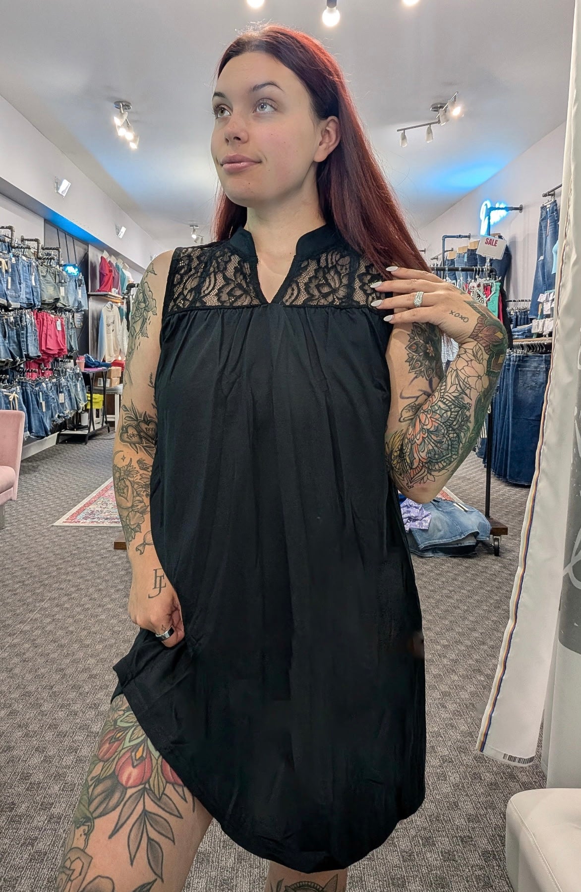 Sleeveless Black Dress with Lace Yoke and Stand Collar