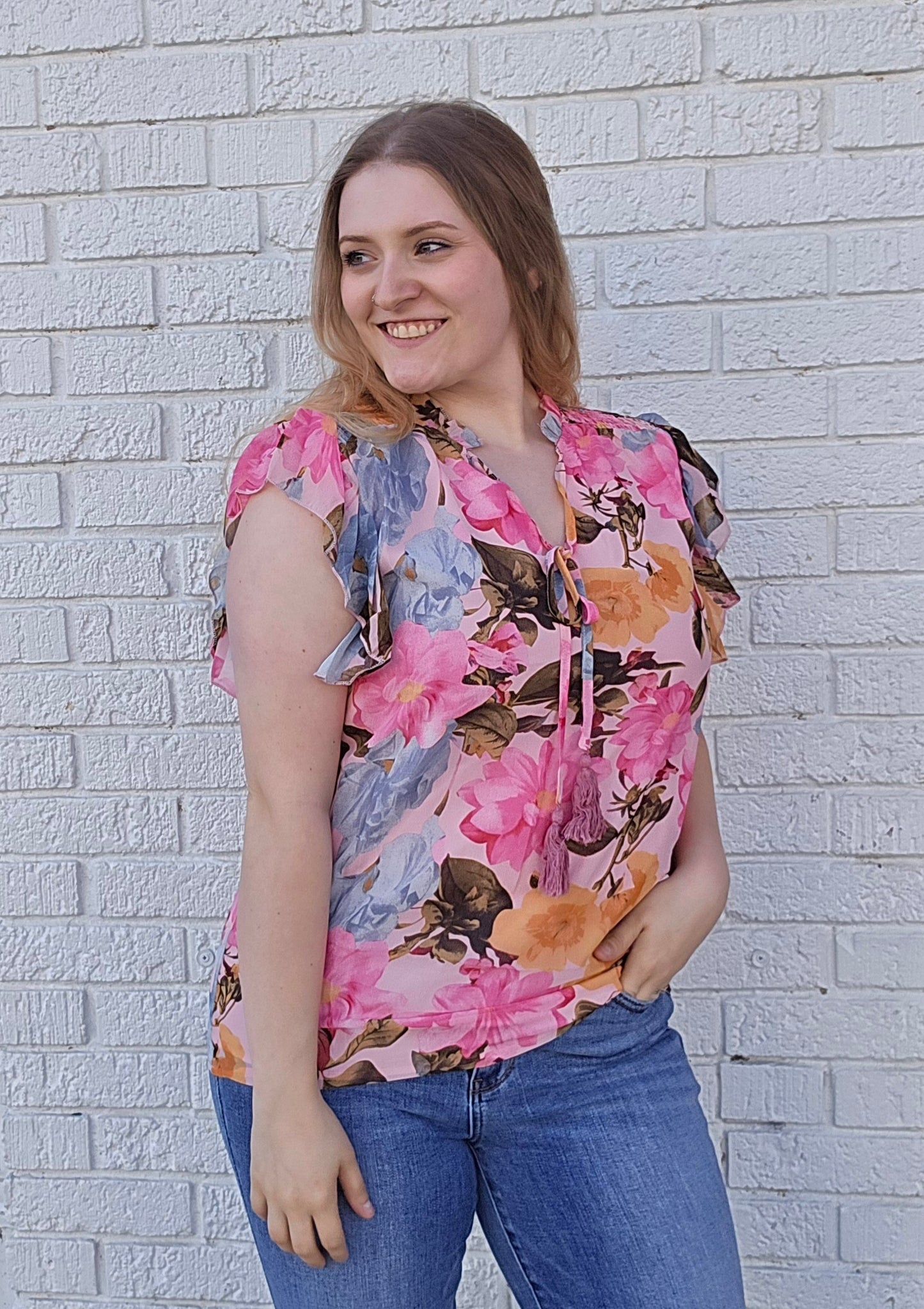 Floral Ruffle Tassel Blouse