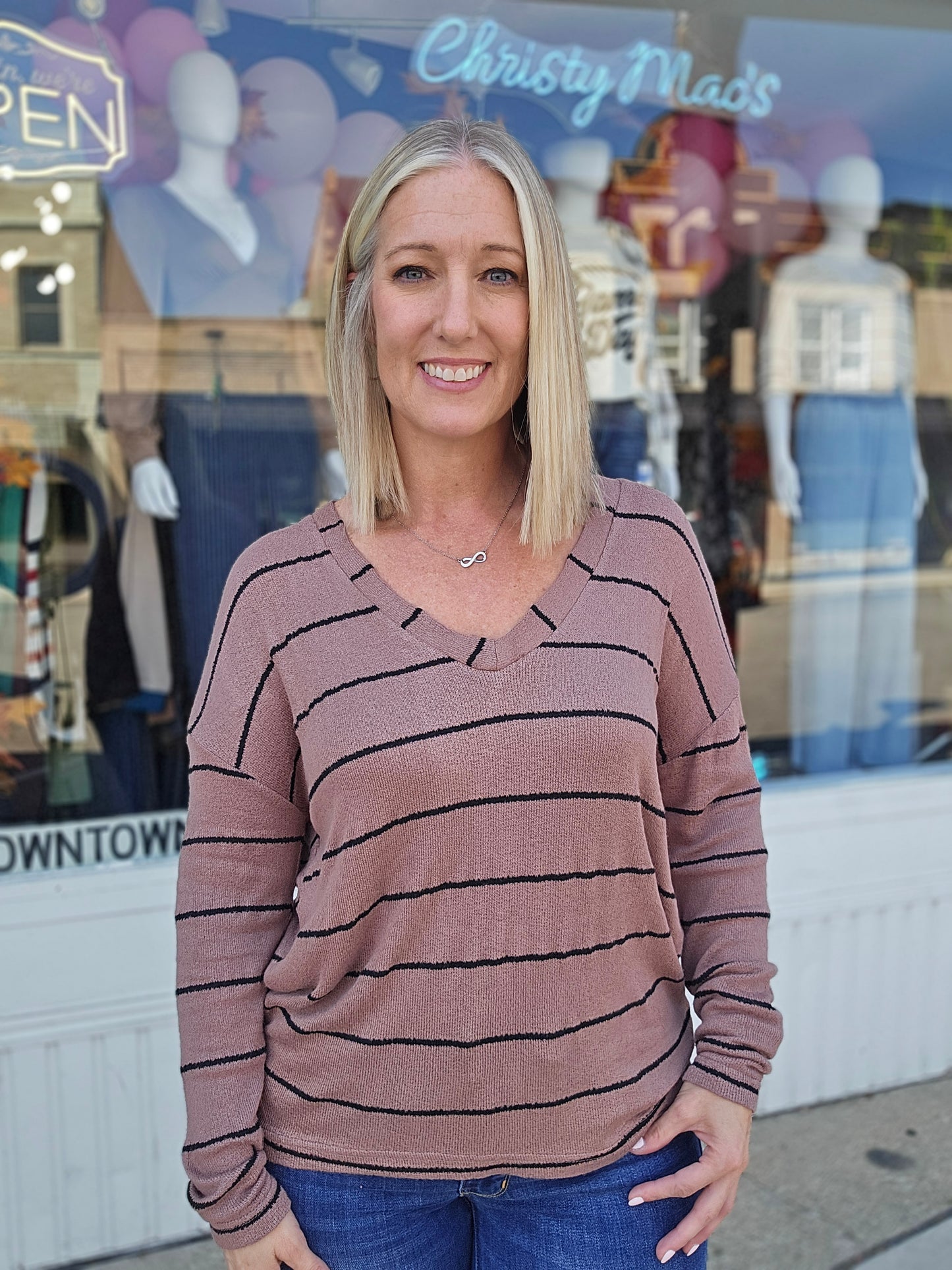 Stripe V-Neck Long Sleeve Knit Top