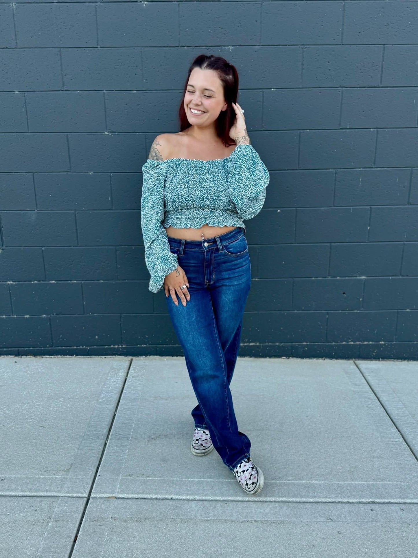 Long Sleeve Teal Smocked Top