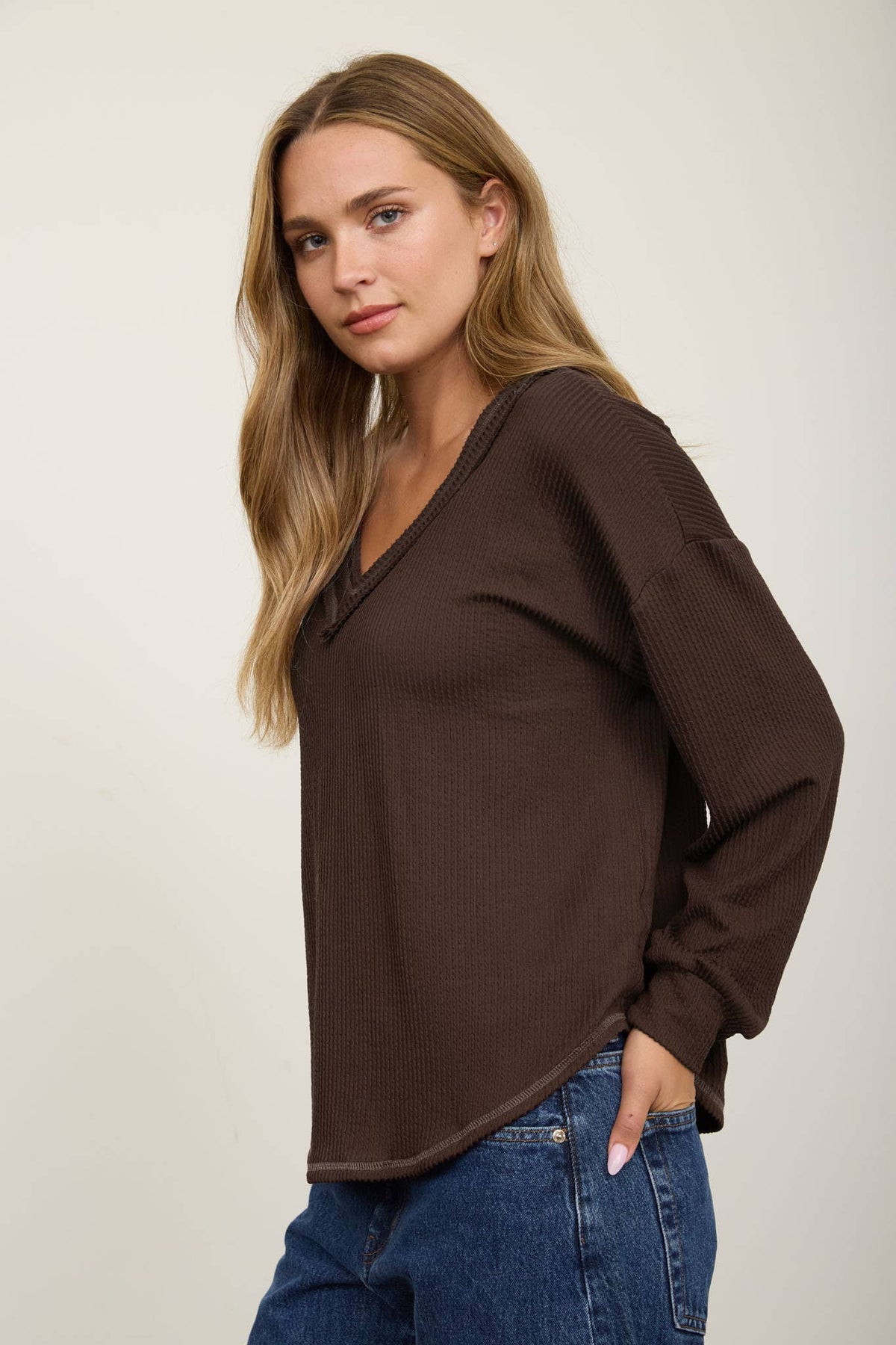 Raw Edge V-Neck Knit Top