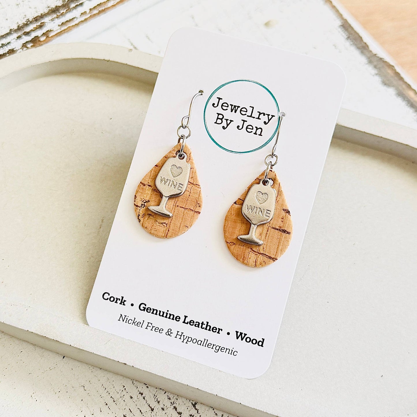 Small Teardrop Earrings: Cork w/Wine Charm