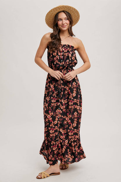 Pink Strapless Floral Maxi Dress