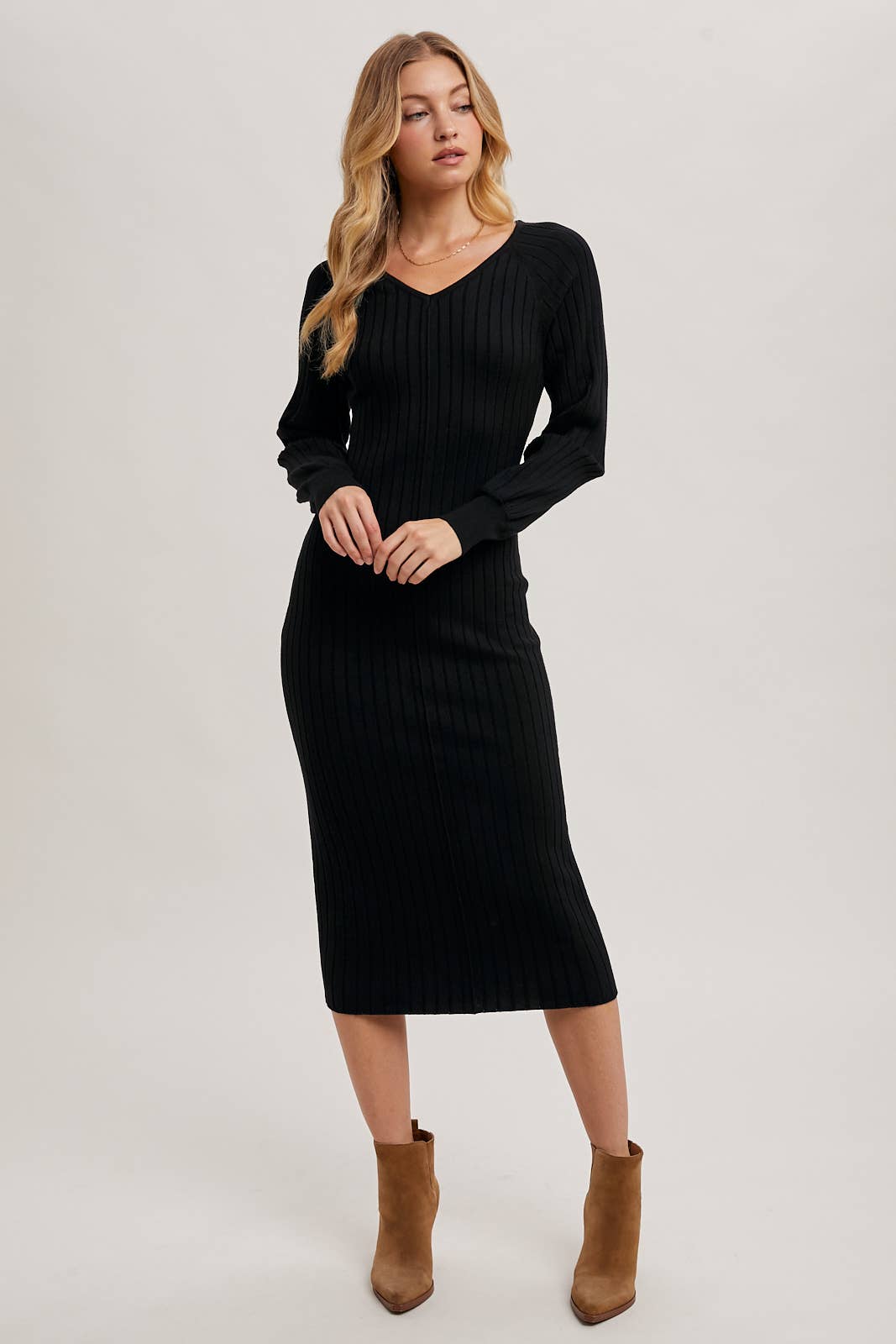 V-Neck Ribbed Sweater Midi Dress