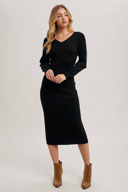 V-Neck Ribbed Sweater Midi Dress