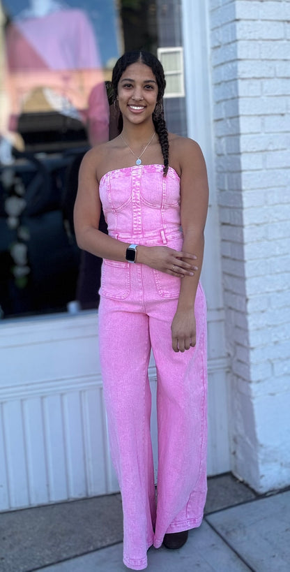 Boho Wide Leg Strapless Denim Jumpsuit
