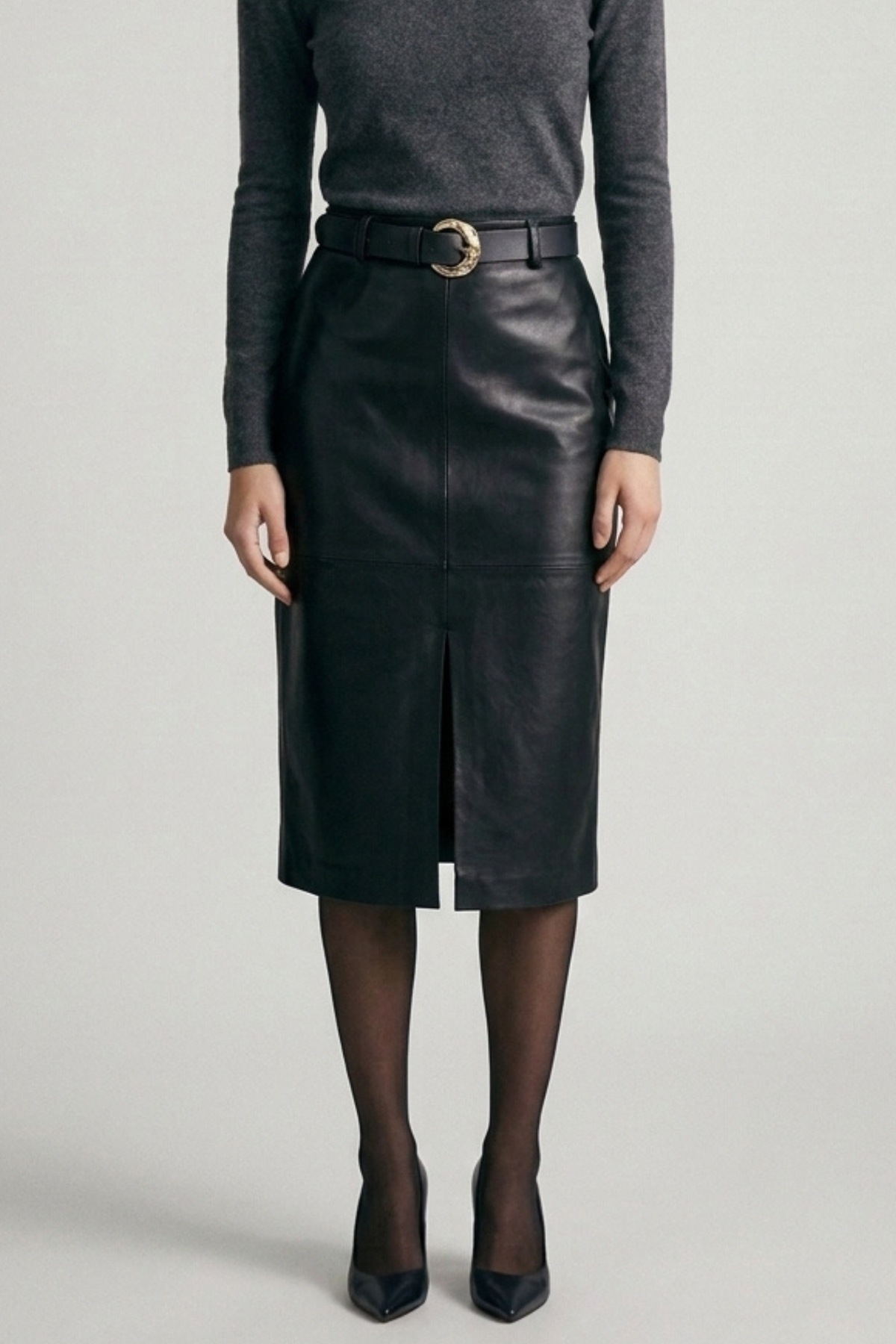 Midi Leather Skirt w/ Leather Belt
