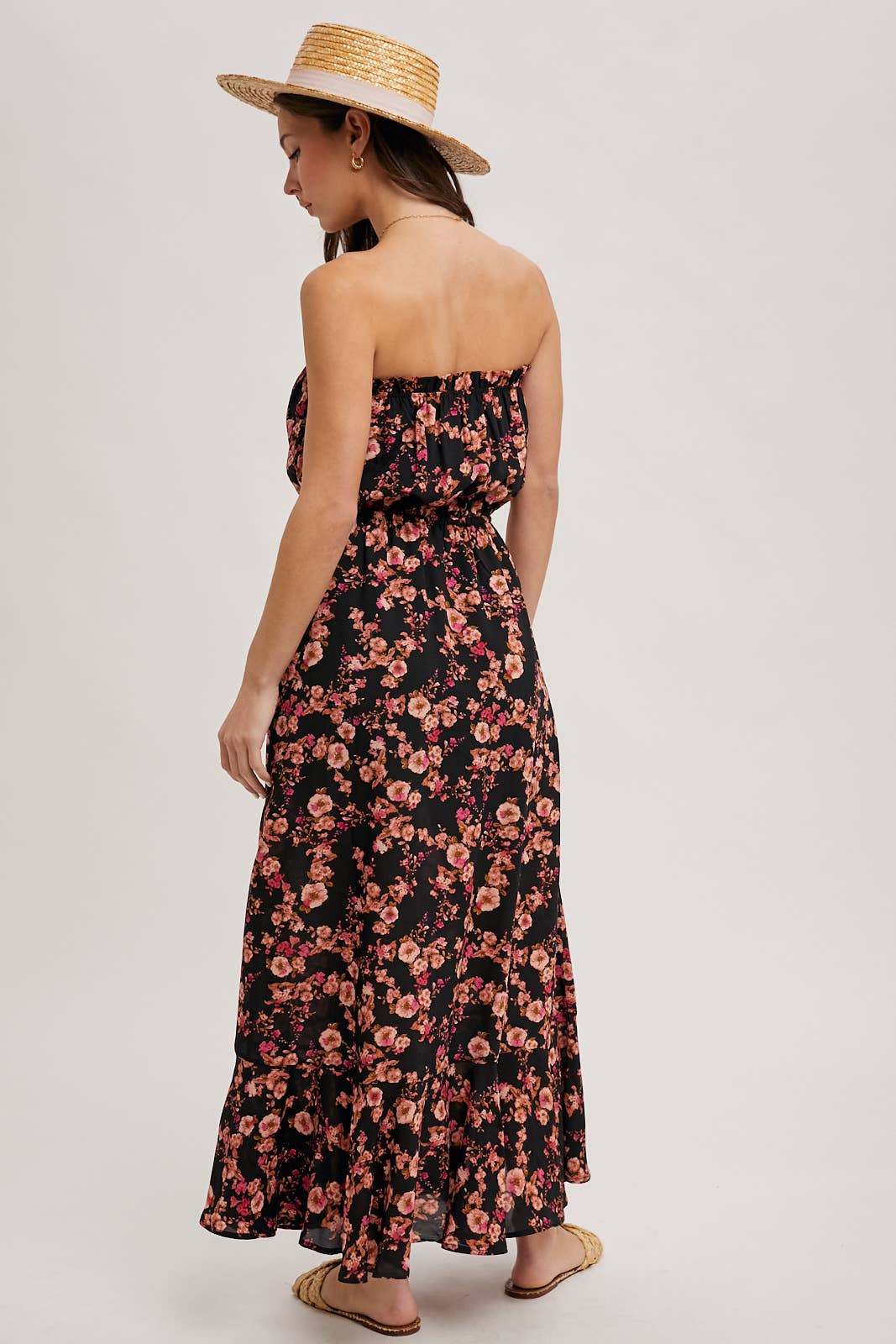 Pink Strapless Floral Maxi Dress