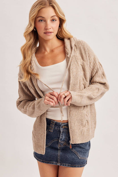 Zip -Up Cable Knit Sweater Cardigan W/Hood