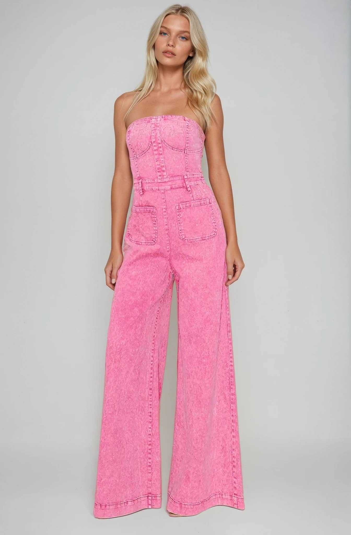 Boho Wide Leg Strapless Denim Jumpsuit
