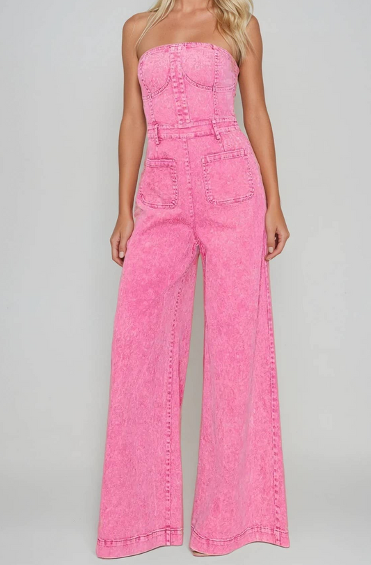 Boho Wide Leg Strapless Denim Jumpsuit