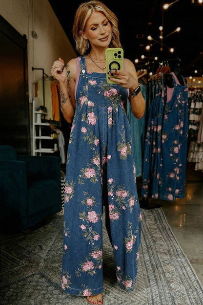 Floral Print Wide Leg Denim Jumpsuit