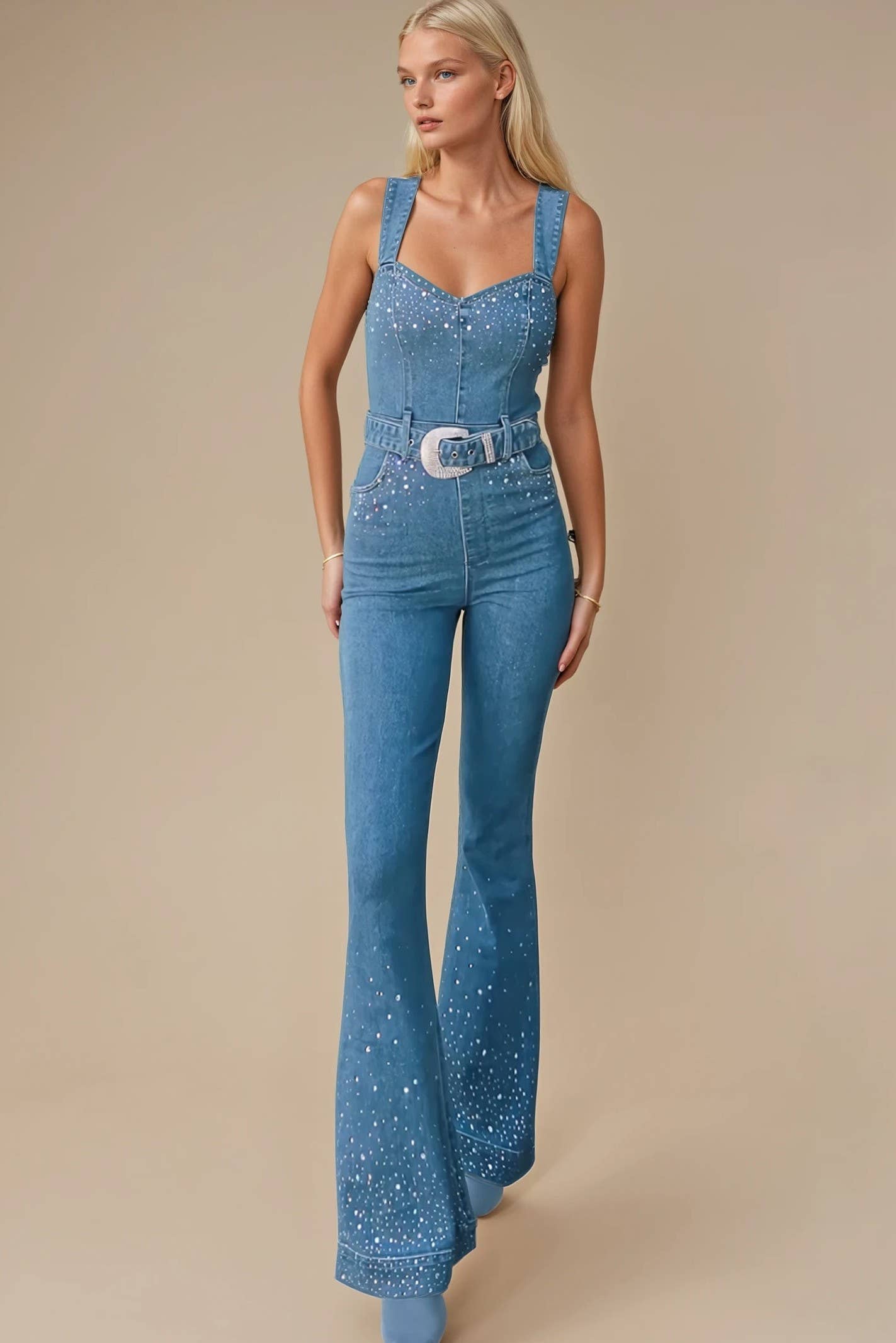 Rhinestone Detailed Denim Jumpsuit