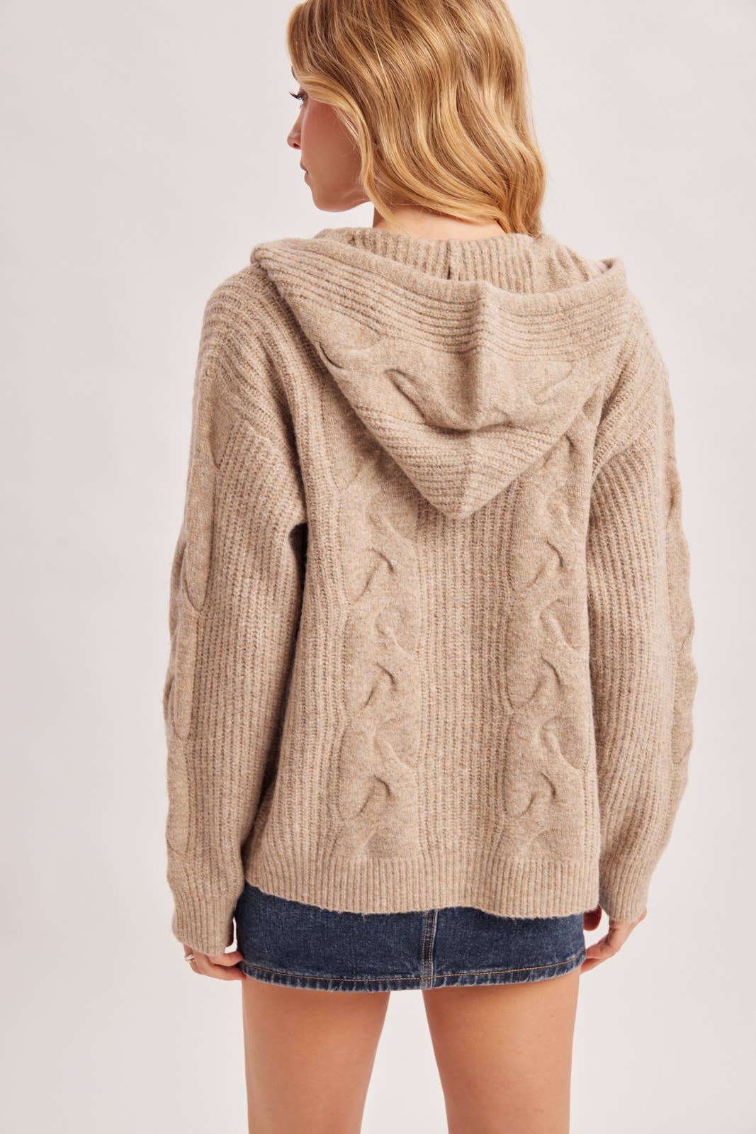 Zip -Up Cable Knit Sweater Cardigan W/Hood