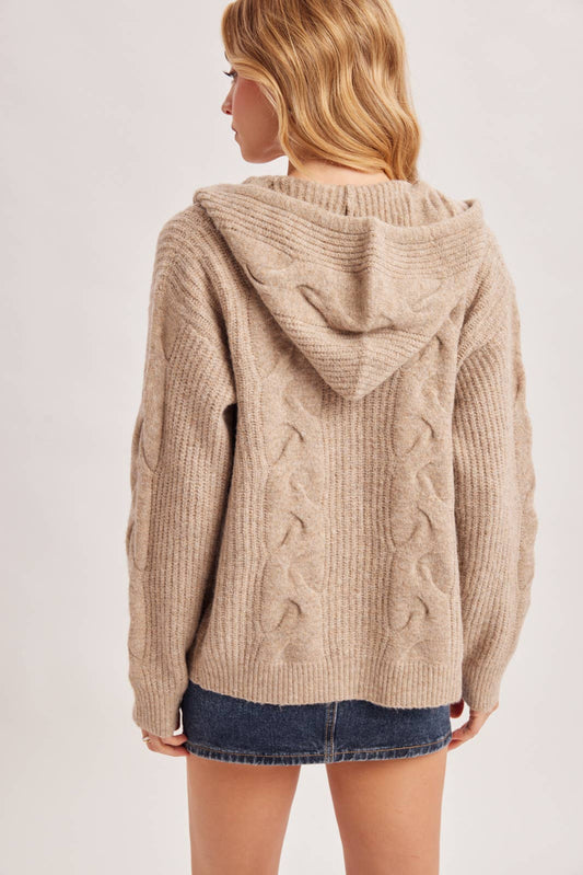 Zip -Up Cable Knit Sweater Cardigan W/Hood