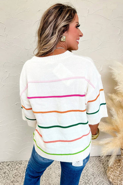 White Colorblock Striped Half Sleeve Sweater