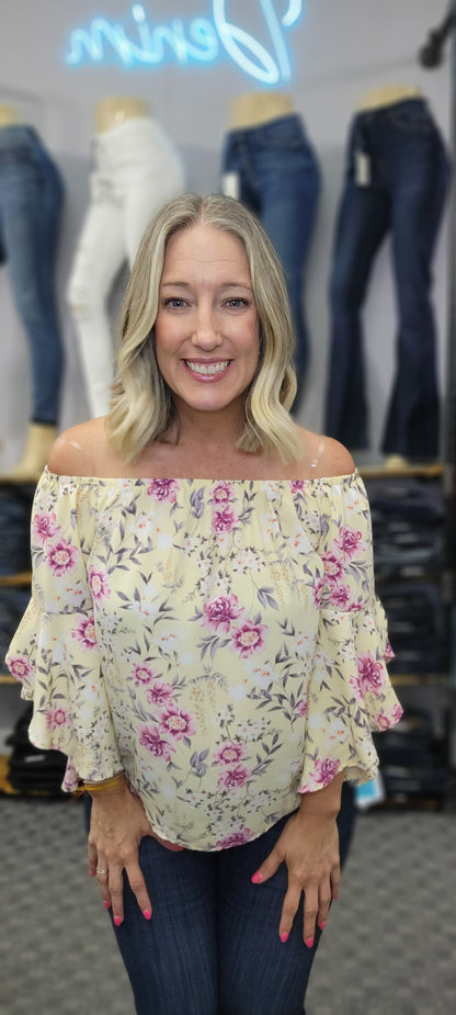 Off Shoulder Ruffle Sleeve Floral Top