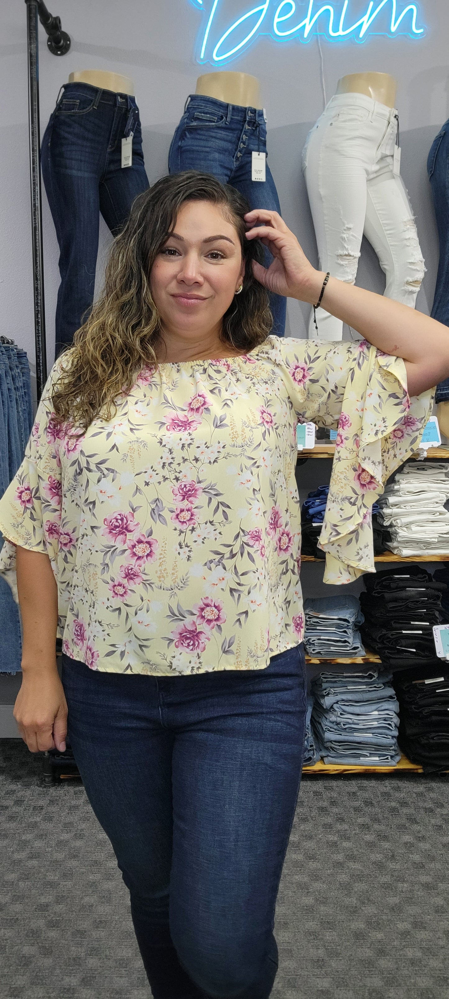 Off Shoulder Ruffle Sleeve Floral Top