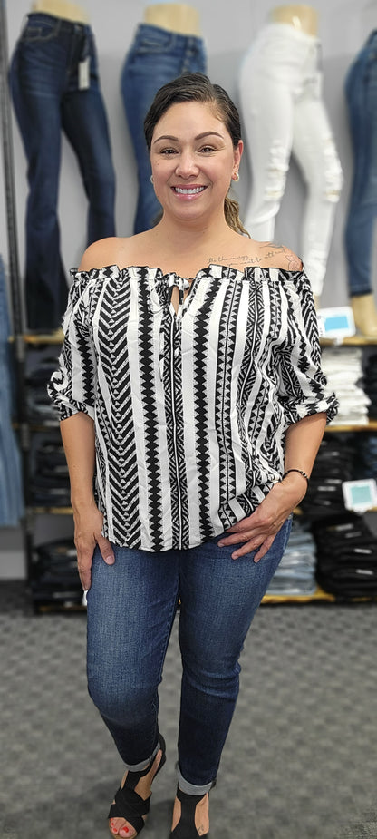 Stripe Color Blocked Knot Ruffle Off Shoulder Top
