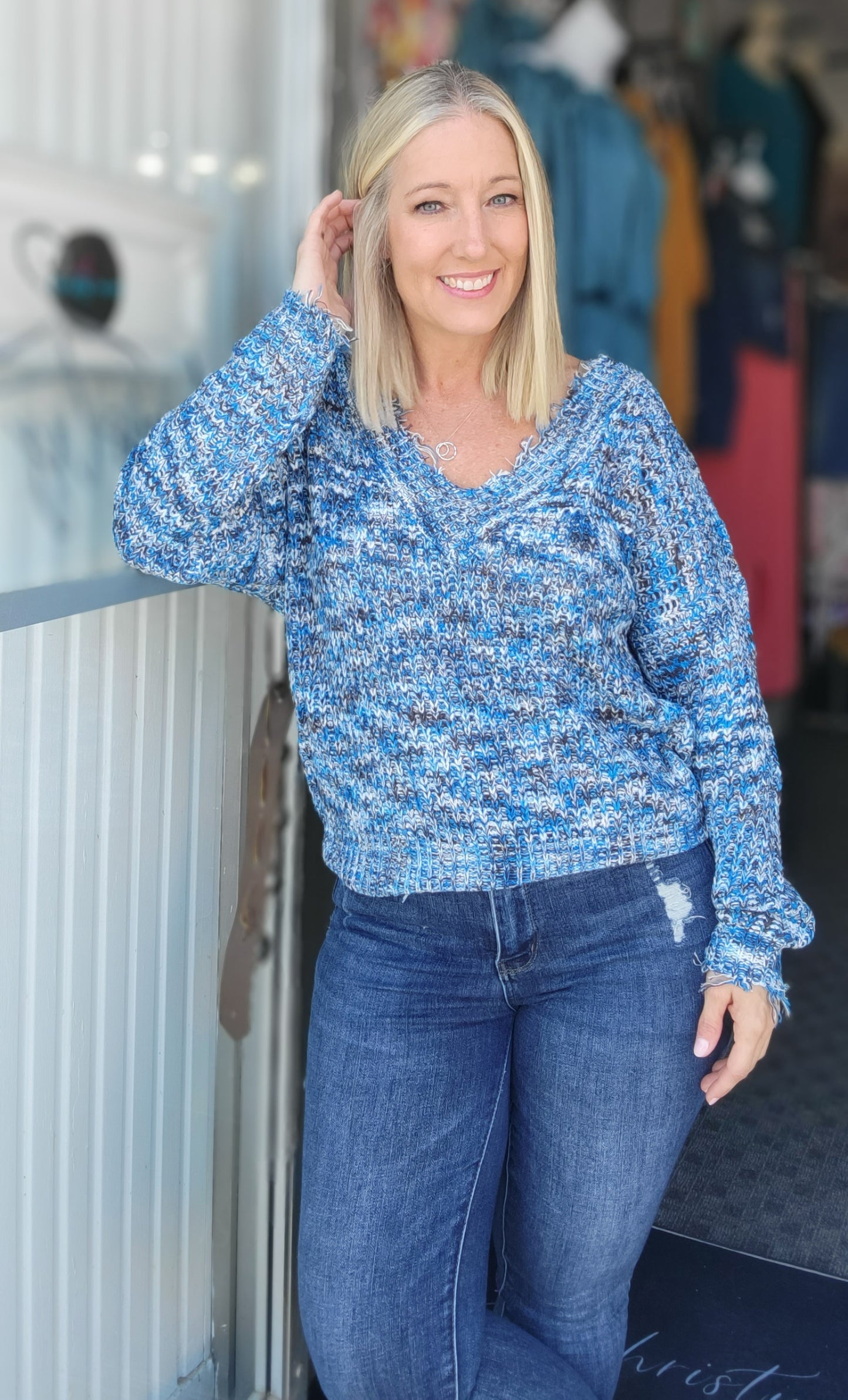 Frayed V-Neck Blue Multi Sweater