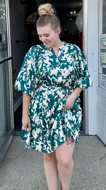 Stunning Teal Green Satin Floral Print Dress