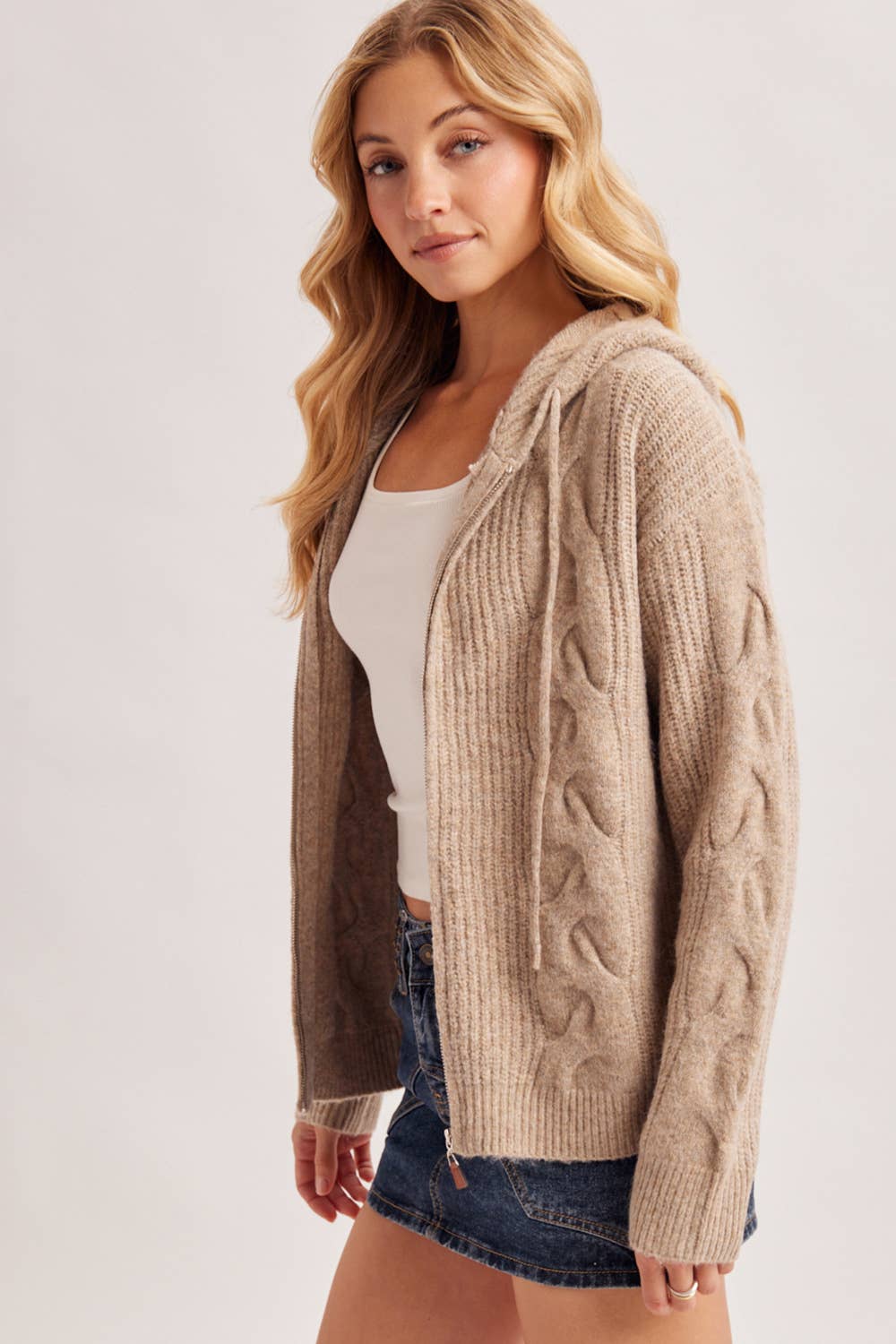 Zip -Up Cable Knit Sweater Cardigan W/Hood