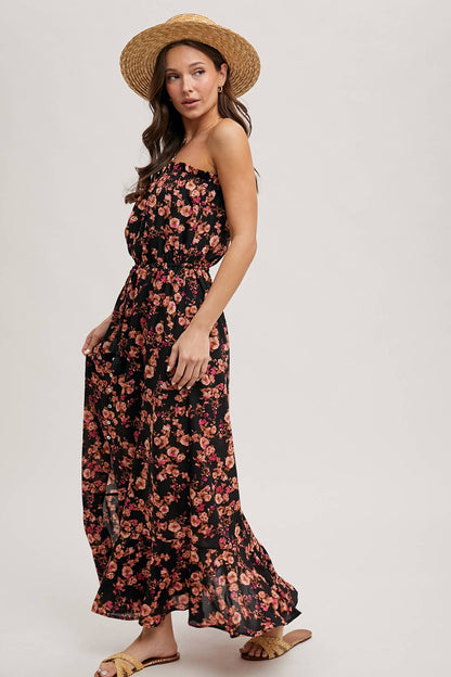 Pink Strapless Floral Maxi Dress