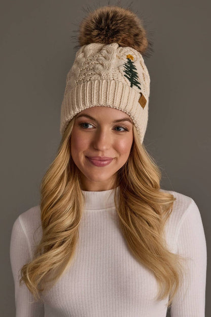 Beige Cable Knit Pom Hat w/ Embroidered Tree