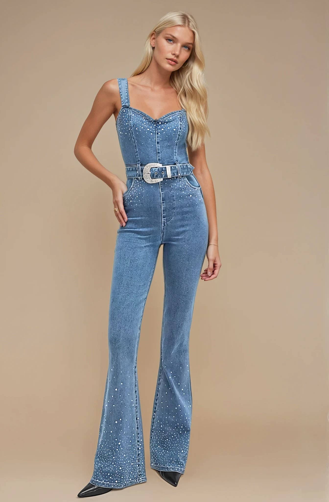Rhinestone Detailed Denim Jumpsuit
