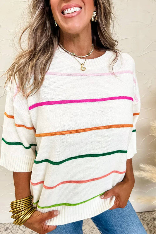 White Colorblock Striped Half Sleeve Sweater