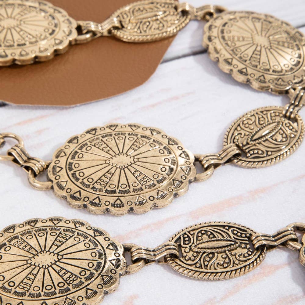 Ornate Oval Western Concho Disc Chain Belt