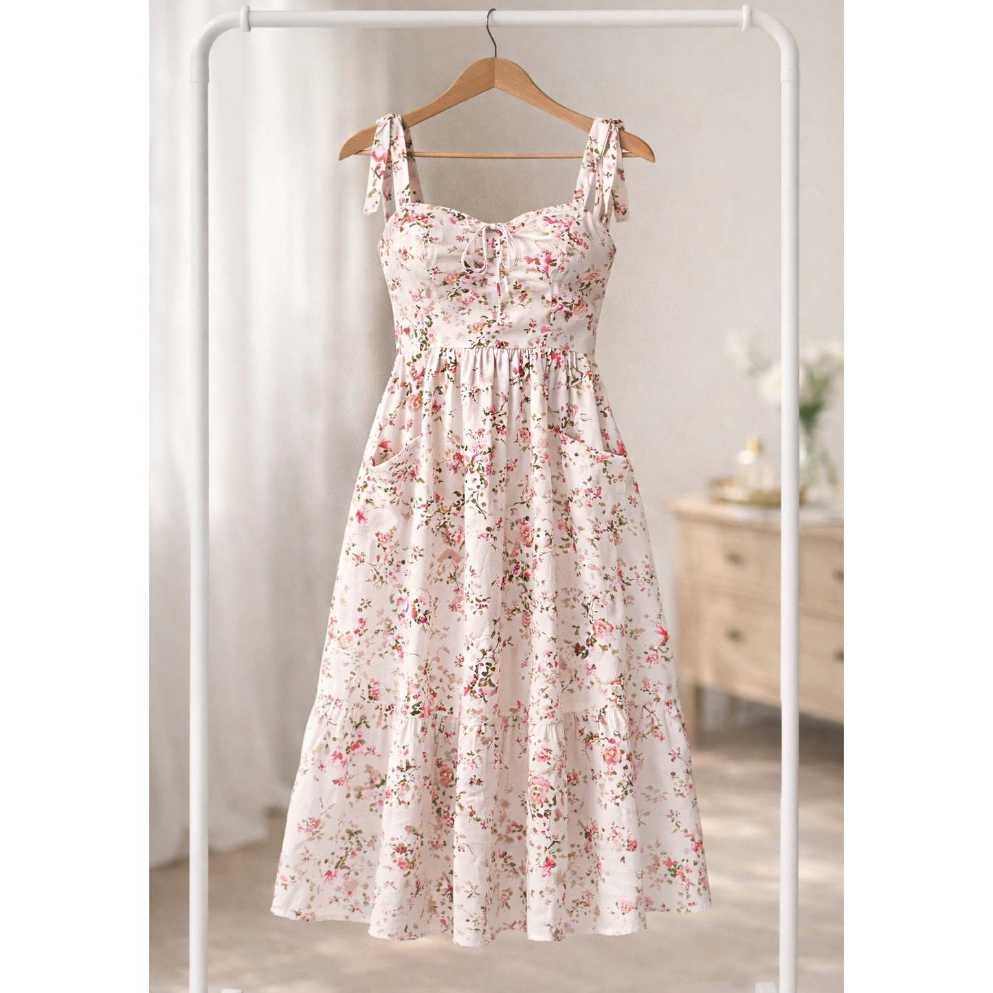 Romantic Floral Tie Midi Dress