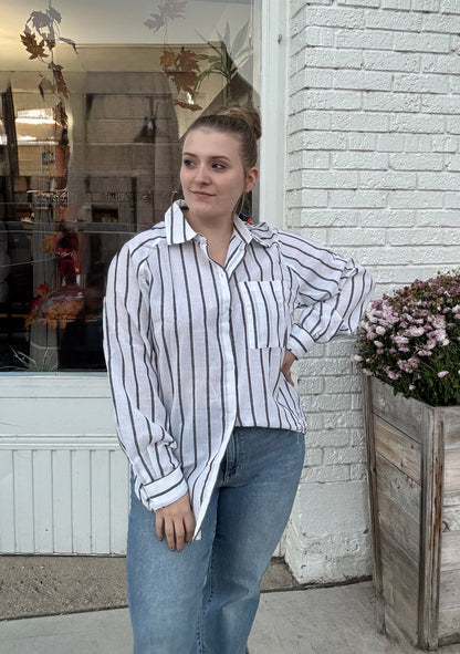 Stripe Chest Pocket Buttoned Oversized Shirt