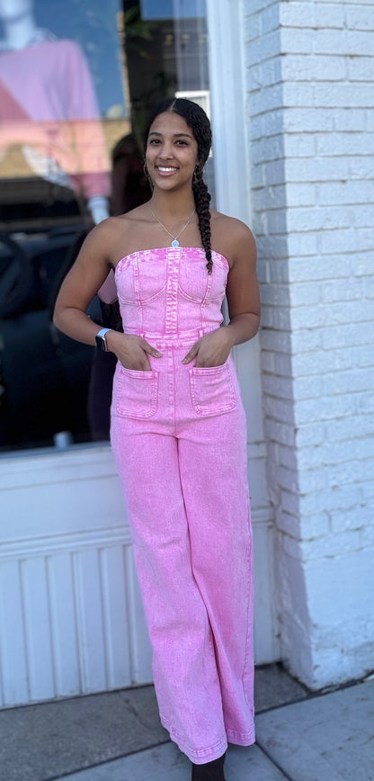 Boho Wide Leg Strapless Denim Jumpsuit