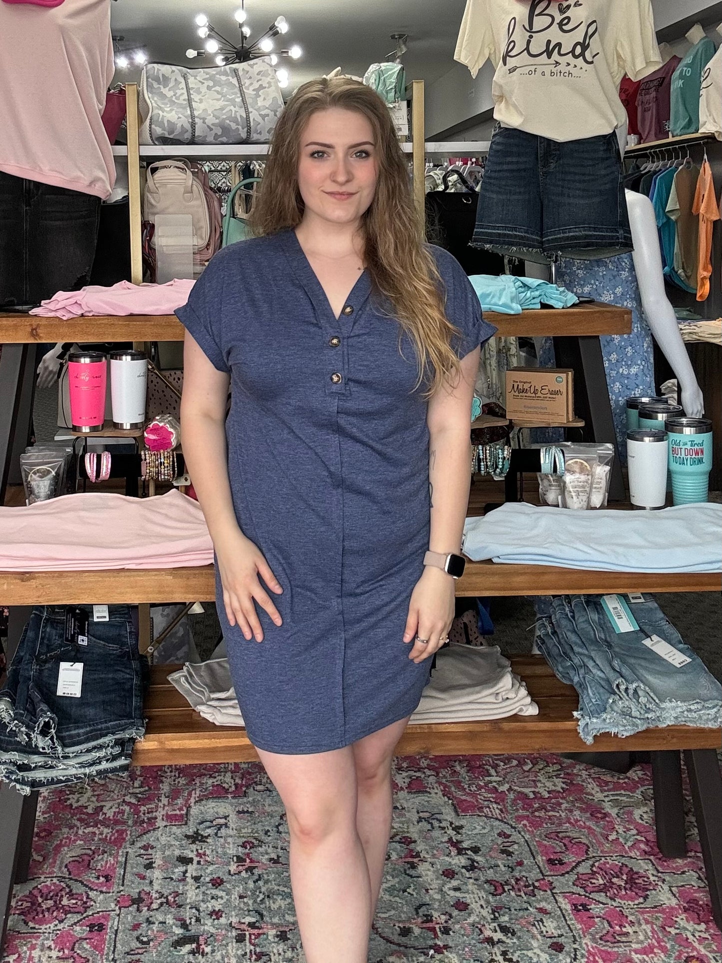Buckle V-neck Raglan Roll Sleeves Dress