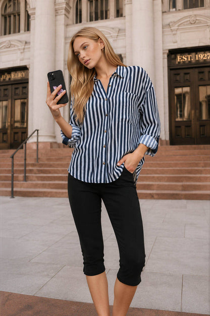 Vertical Stripe Collared Button Down Shirt