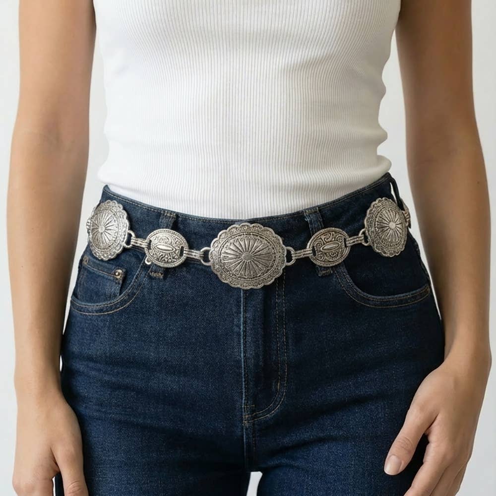Ornate Oval Western Concho Disc Chain Belt