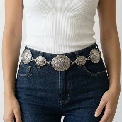 Ornate Oval Western Concho Disc Chain Belt