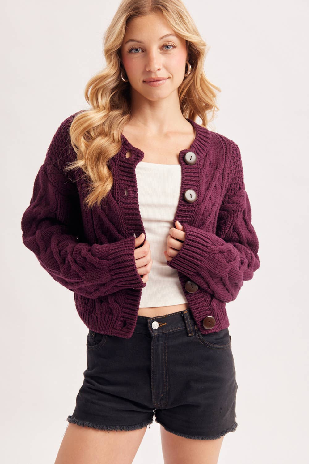 Cropped Button Cable Knit Sweater Cardigan