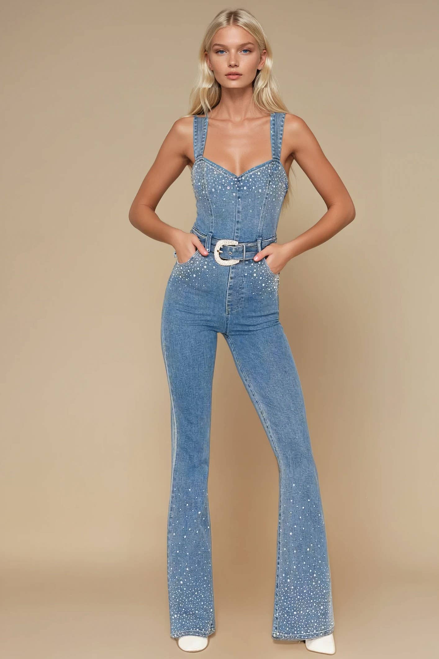 Rhinestone Detailed Denim Jumpsuit
