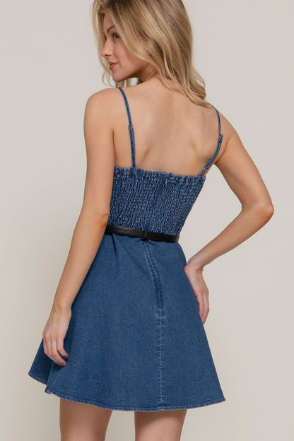 Stretchy Belted A-line Denim Dress