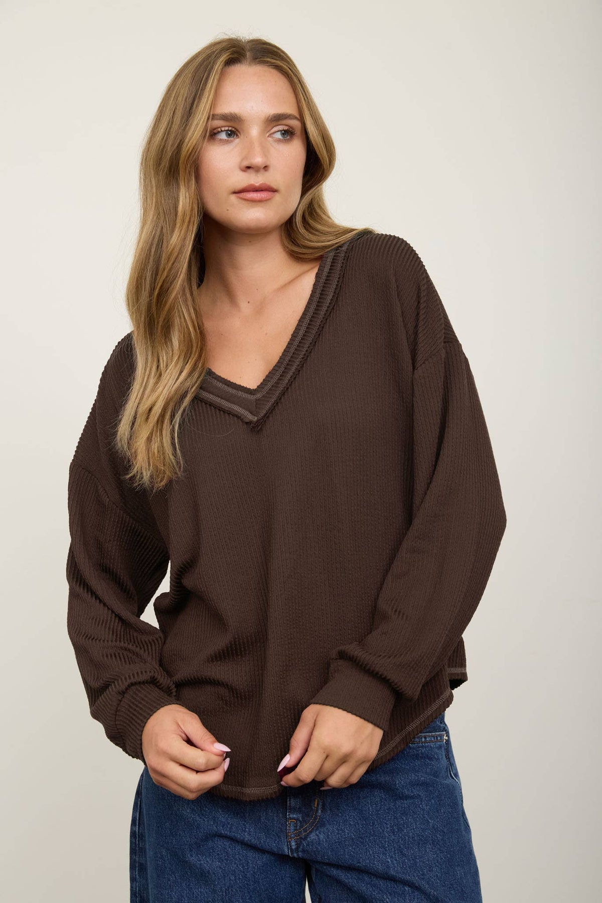 Raw Edge V-Neck Knit Top