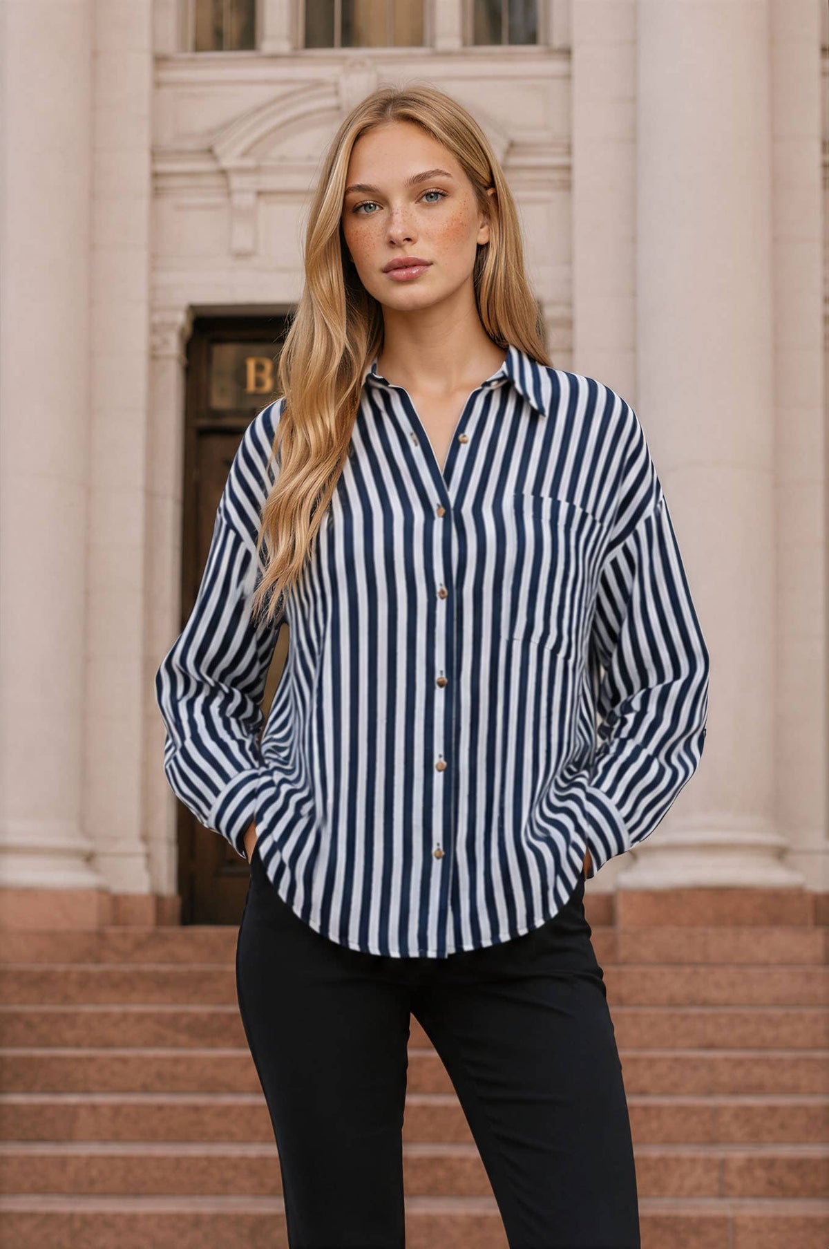Vertical Stripe Collared Button Down Shirt
