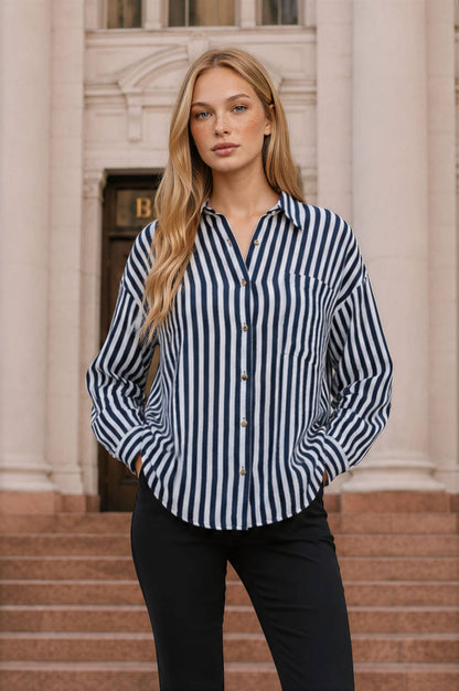 Vertical Stripe Collared Button Down Shirt