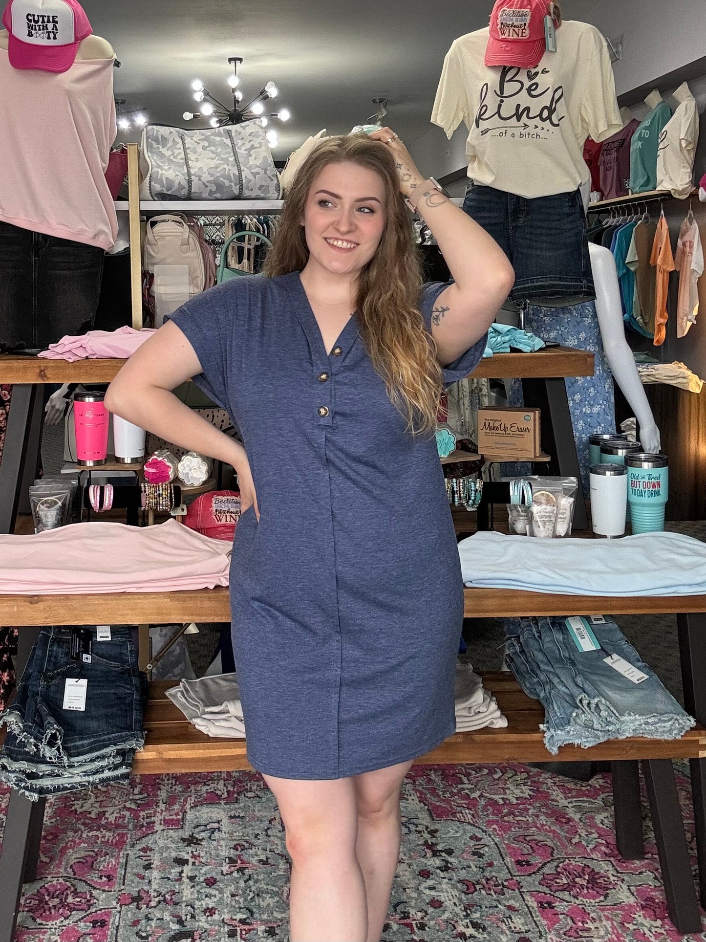 Buckle V-neck Raglan Roll Sleeves Dress