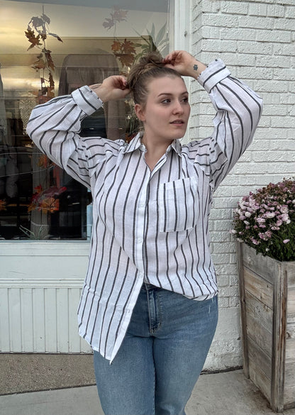 Stripe Chest Pocket Buttoned Oversized Shirt