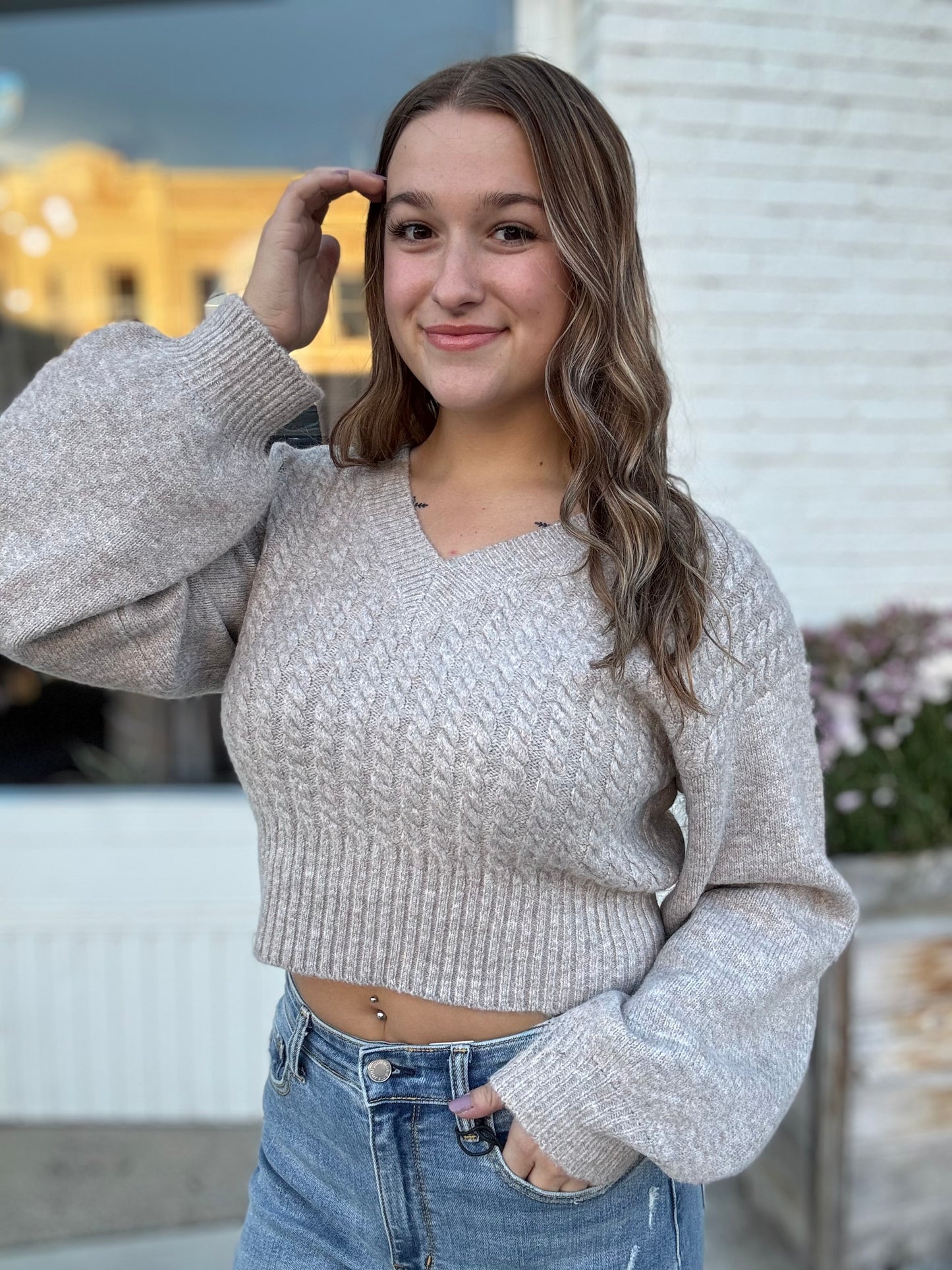 Cropped V-Neck Cable Knit Sweater