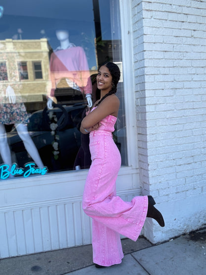 Boho Wide Leg Strapless Denim Jumpsuit